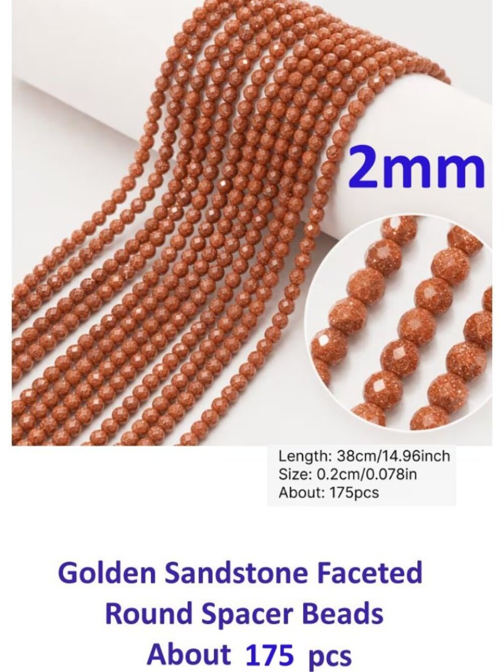 Golden Sandstone Goldstone Faceted Round Spacer Beads  About 175pcs  2mm